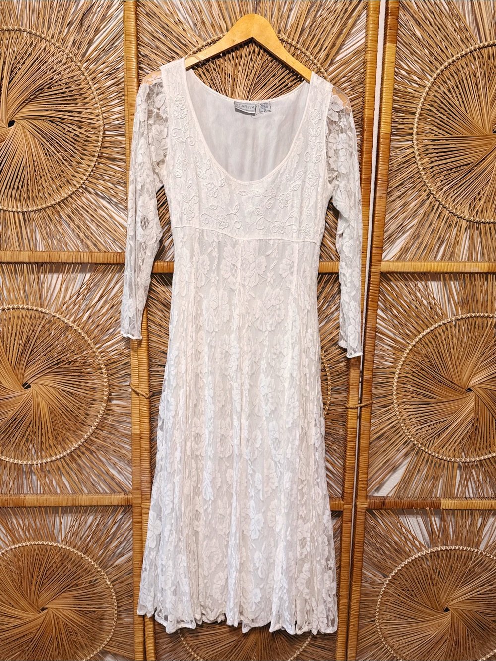 Vintage Starina White Lace Long-Sleeve Midi Dress| Wedding| SZ S